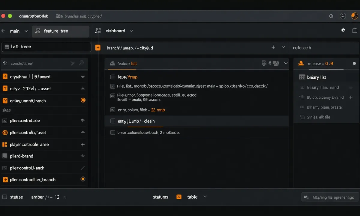 Diversion features dashboard showing branch list, file lock status, and binary diff preview pane
