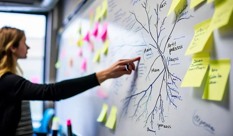 Branching diagram on whiteboard in game studio