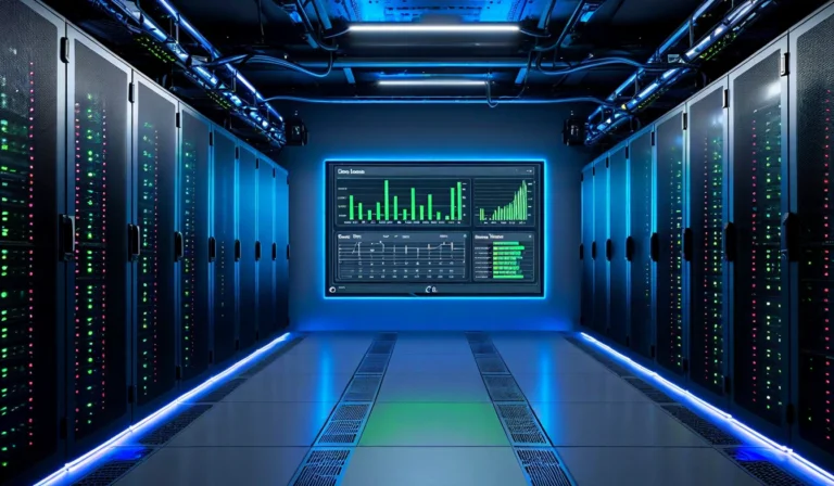 CI pipeline build dashboard on a wide monitor in dark mode