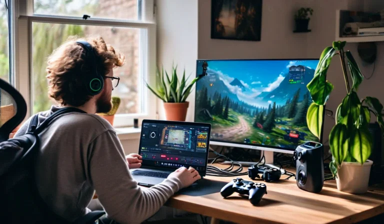 Indie developer at desk with version control diff on second monitor
